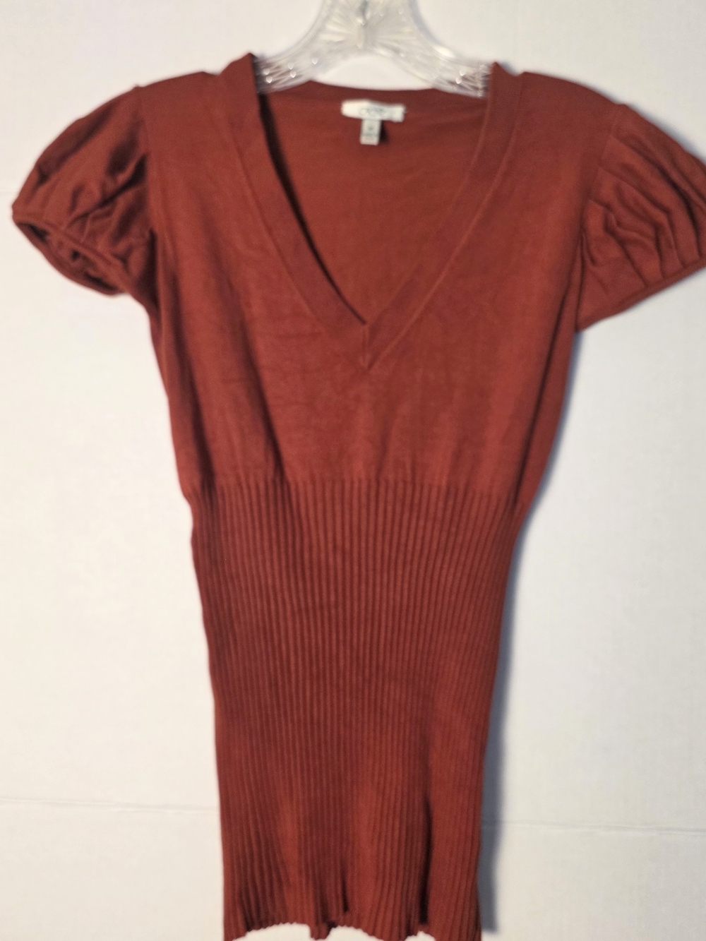 Vintage Y2K Caché Silk Blend Knit Puff Sleeve Deep V Neck Ribbed Top Terracotta
